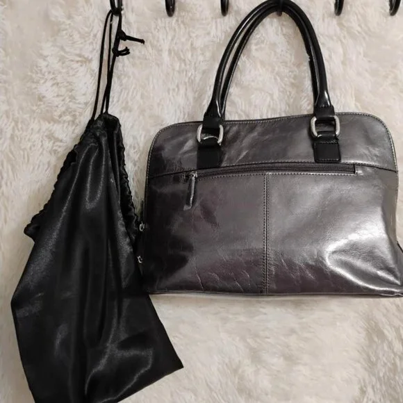 Gianni Bernini Crackled GunMetal Leather Hand/Crossbody Full Zip Around NWOT - Picture 2 of 11